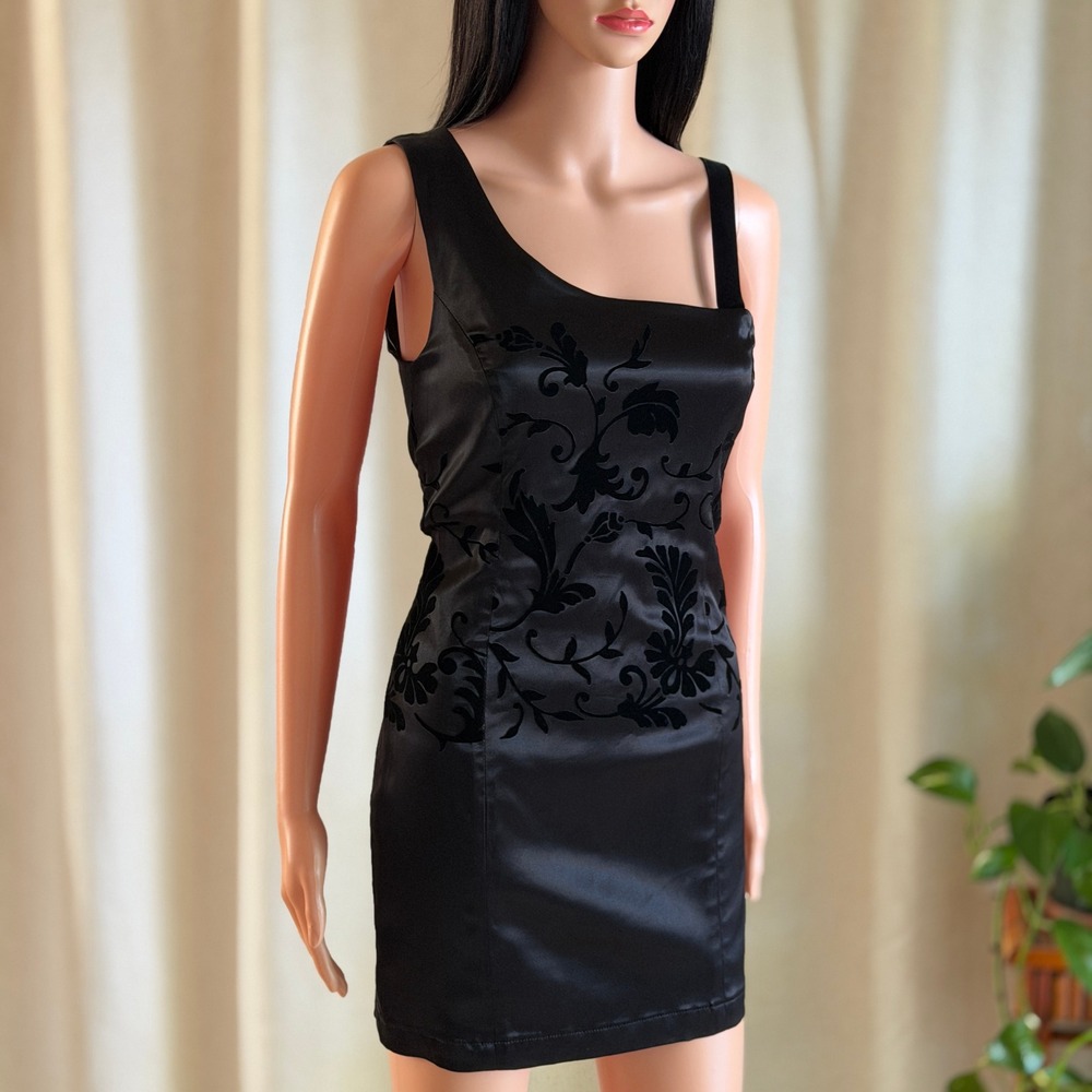 Vtg 90s Black Flocked Velvet Asymmetrical Satin Mini Dress UK 10 US S Whimsygoth